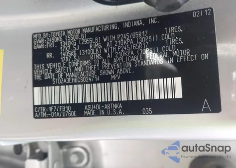 2012 Toyota Highlander из США, поврежденный, VIN 5TDZA3EH6CS024714